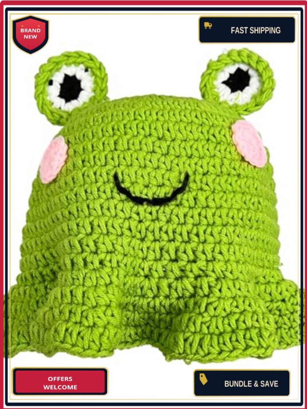 Crochet Frog Bucket Hat 3D Eyes Smile Animal Costume Handmade